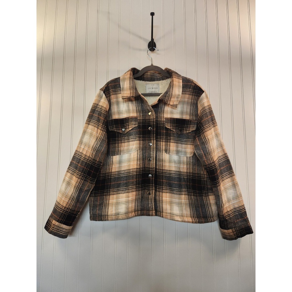 Lucky Brand Women's Black Plaid Sherpa Lined Snap Button Flannel Jacket Size L